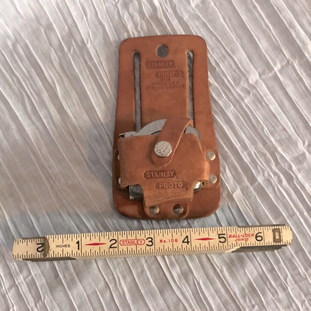 STANLEY PROTO leather belt carrier metal ruler 4 .2 feet & vintage wood …